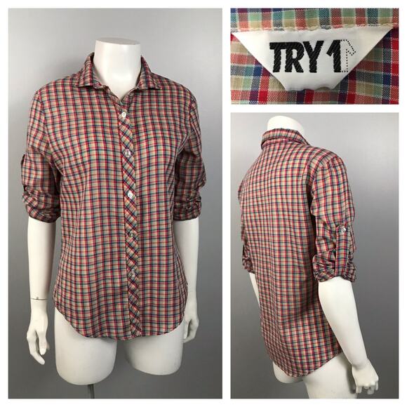 1980s Plaid Button Up Long Short Sleeve Shirt / Women’s Small - Picture 4 of 7